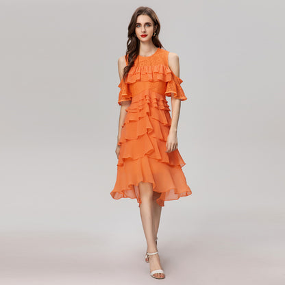 Round Neck Multi-layer Ruffles Stitching Big Swing Dress