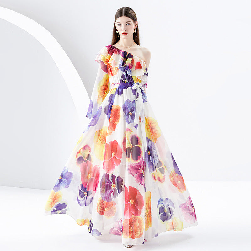 Irregular Shoulder Chiffon Floral Dress