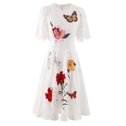 Exquisite Embroidered Flowers Butterfly Short Sleeve Dress