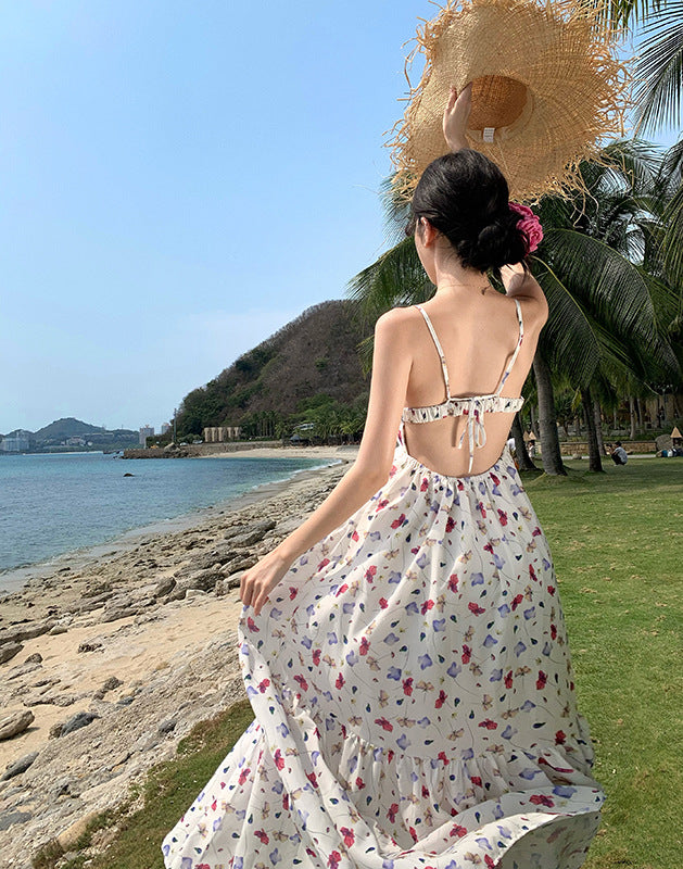 Vacation Style Sweet Floral Printing Ankle-length Dress