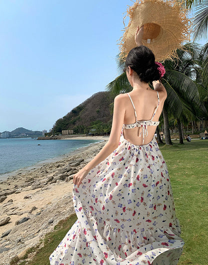 Vacation Style Sweet Floral Printing Ankle-length Dress