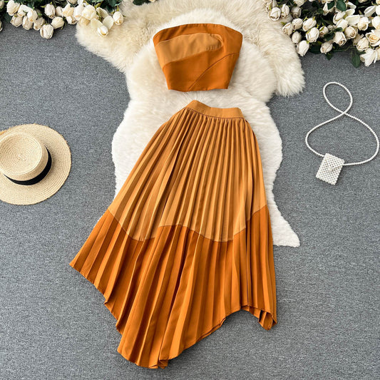 Contrast Color Tube Top Irregular Pleated Skirt