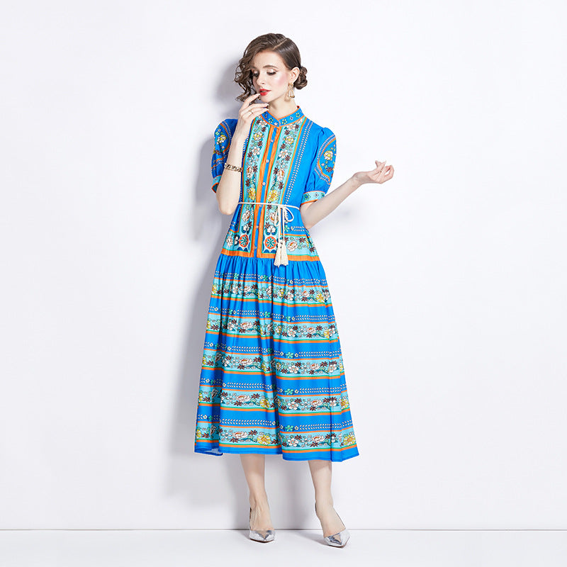 Retro Cotton And Linen Stand-up Collar Puff Sleeve Printed Dress