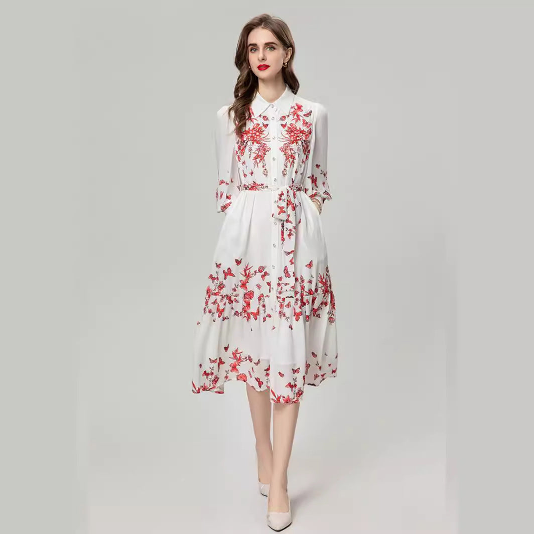 Heavy Industry Beads Printed Flowers On Chest Lace-up Long Sleeve Dress