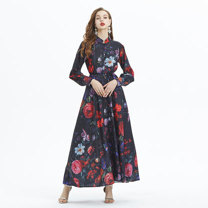 Retro Lantern Sleeve Printing Stand-up Collar Cinched Ruffled Long Dress