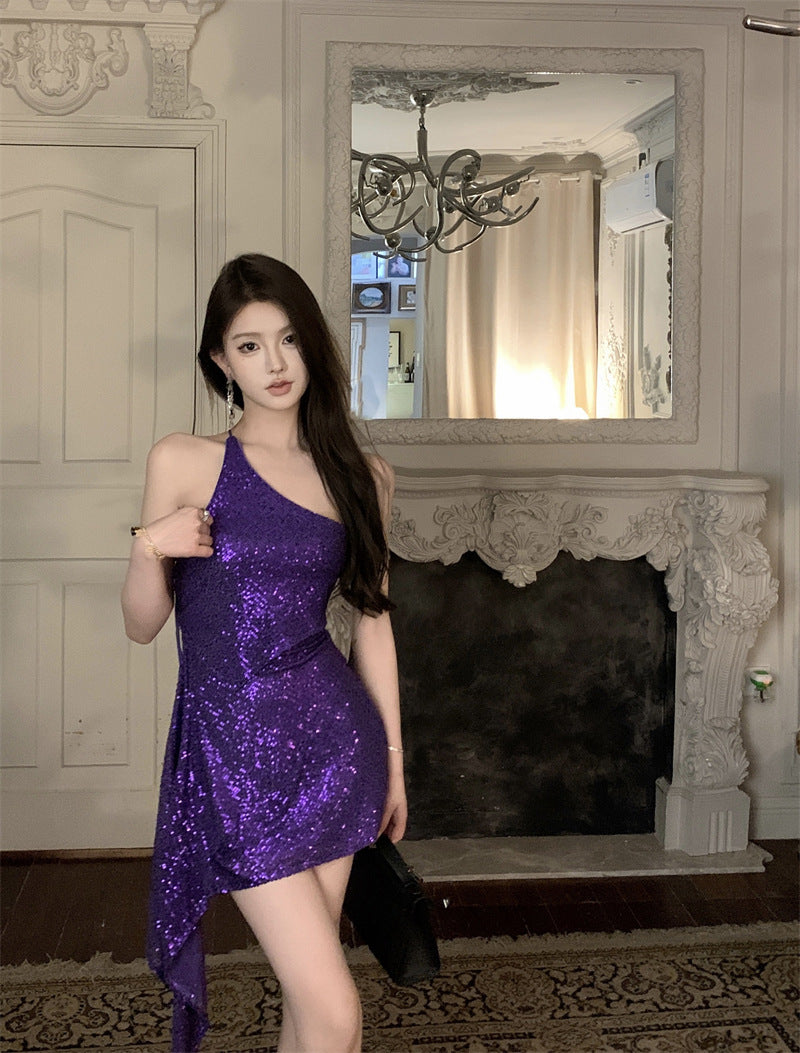 Purple Sequins Thin And Glittering Backless Irregular Hem Dress