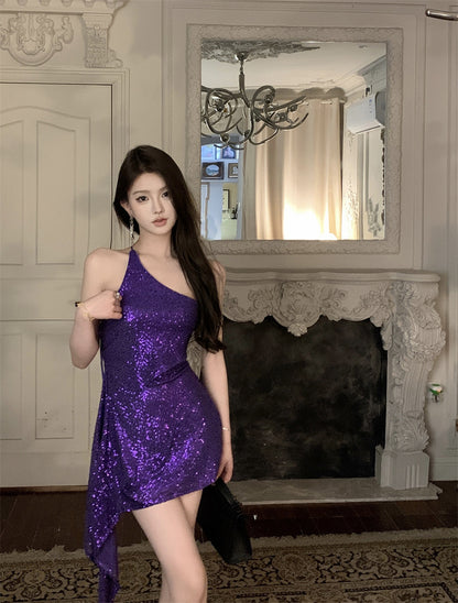 Purple Sequins Thin And Glittering Backless Irregular Hem Dress