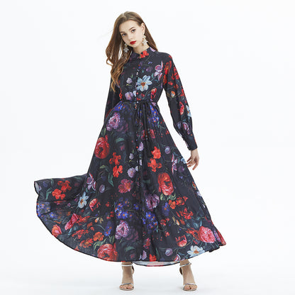 Retro Lantern Sleeve Printing Stand-up Collar Cinched Ruffled Long Dress