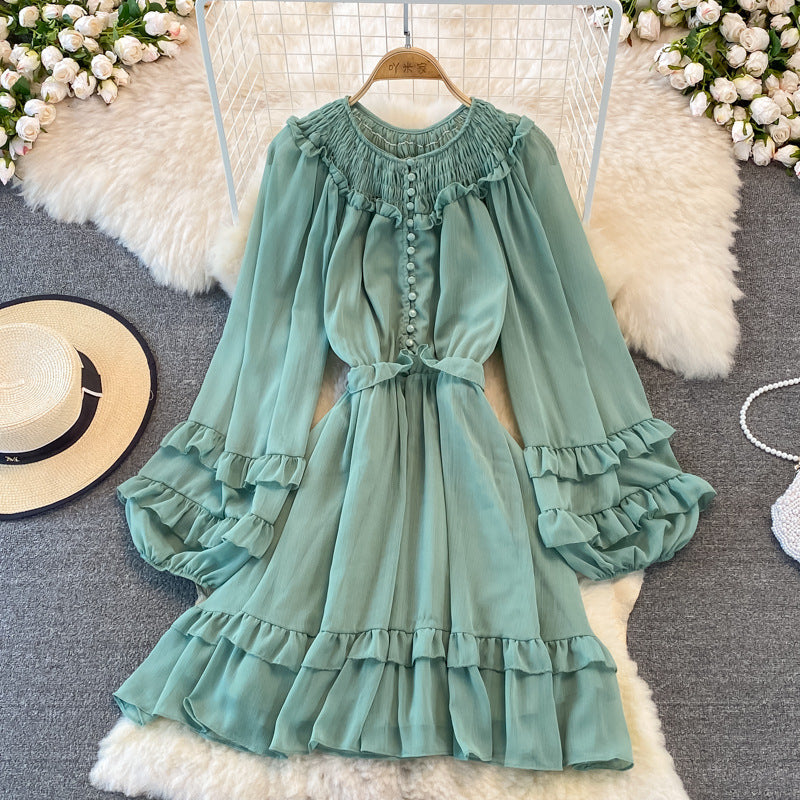 Ruffled Lantern Sleeves Round Neck Chiffon Dress