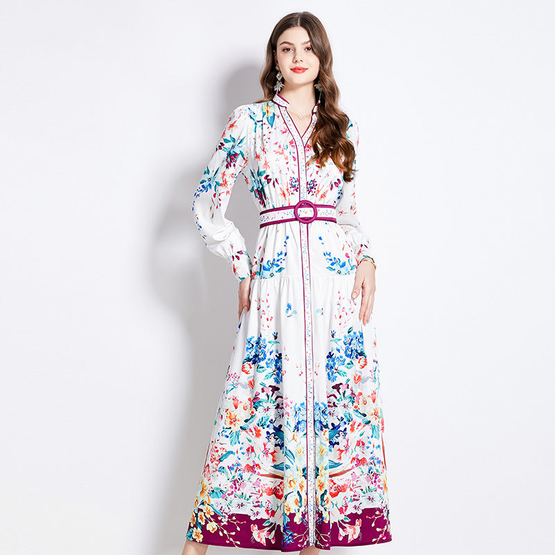 Retro Printed Breasted Slim-fit Long Dress