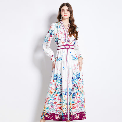 Retro Printed Breasted Slim-fit Long Dress