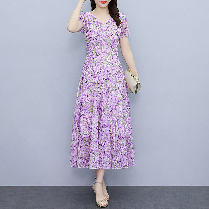 Spring And Autumn Chiffon Floral Dress