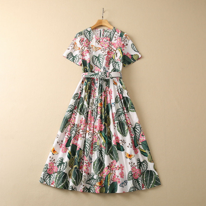 Round Neck Plant Flower Pleated Large Hem Waist Dress