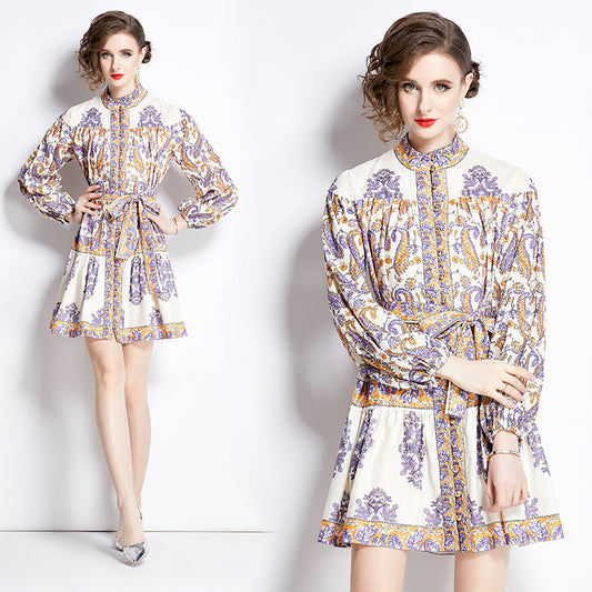 Printed Long Sleeve Retro Short Dress