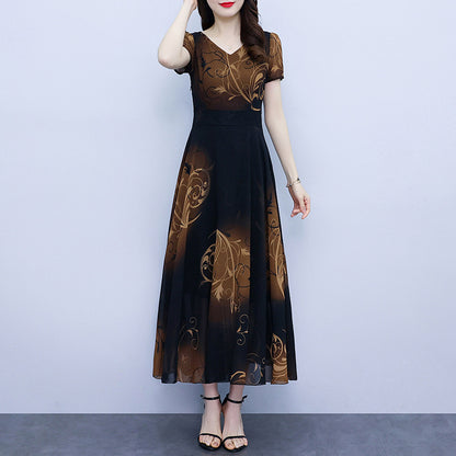 Spring And Autumn Chiffon Floral Dress Plus Size Fat