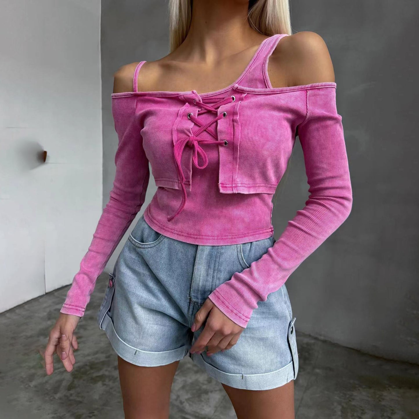 Off-shoulder Fake Two Pieces Slim Long Sleeve Top