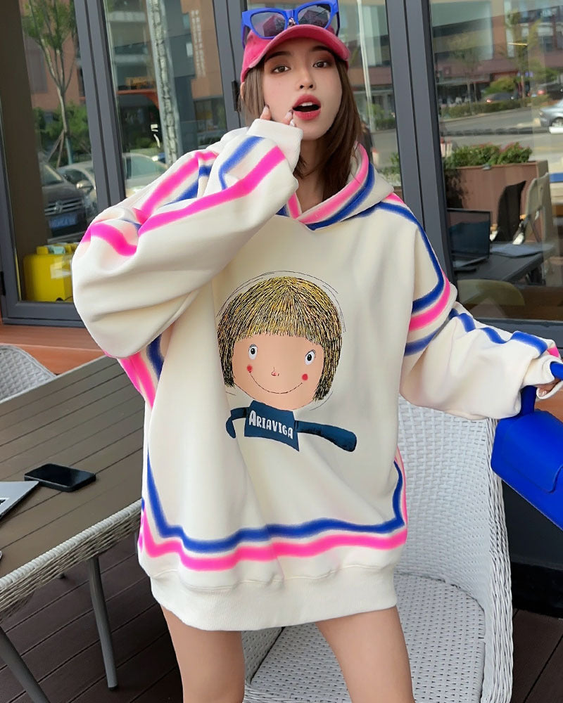 Cartoon Pattern Tie-dye Velvet Padded Hooded Sweatshirt Women