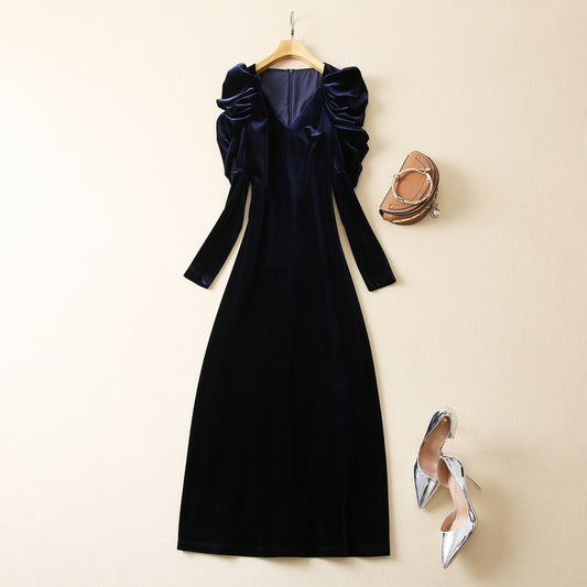 Pleated Puff Sleeve V-neck Tight Waist Dress