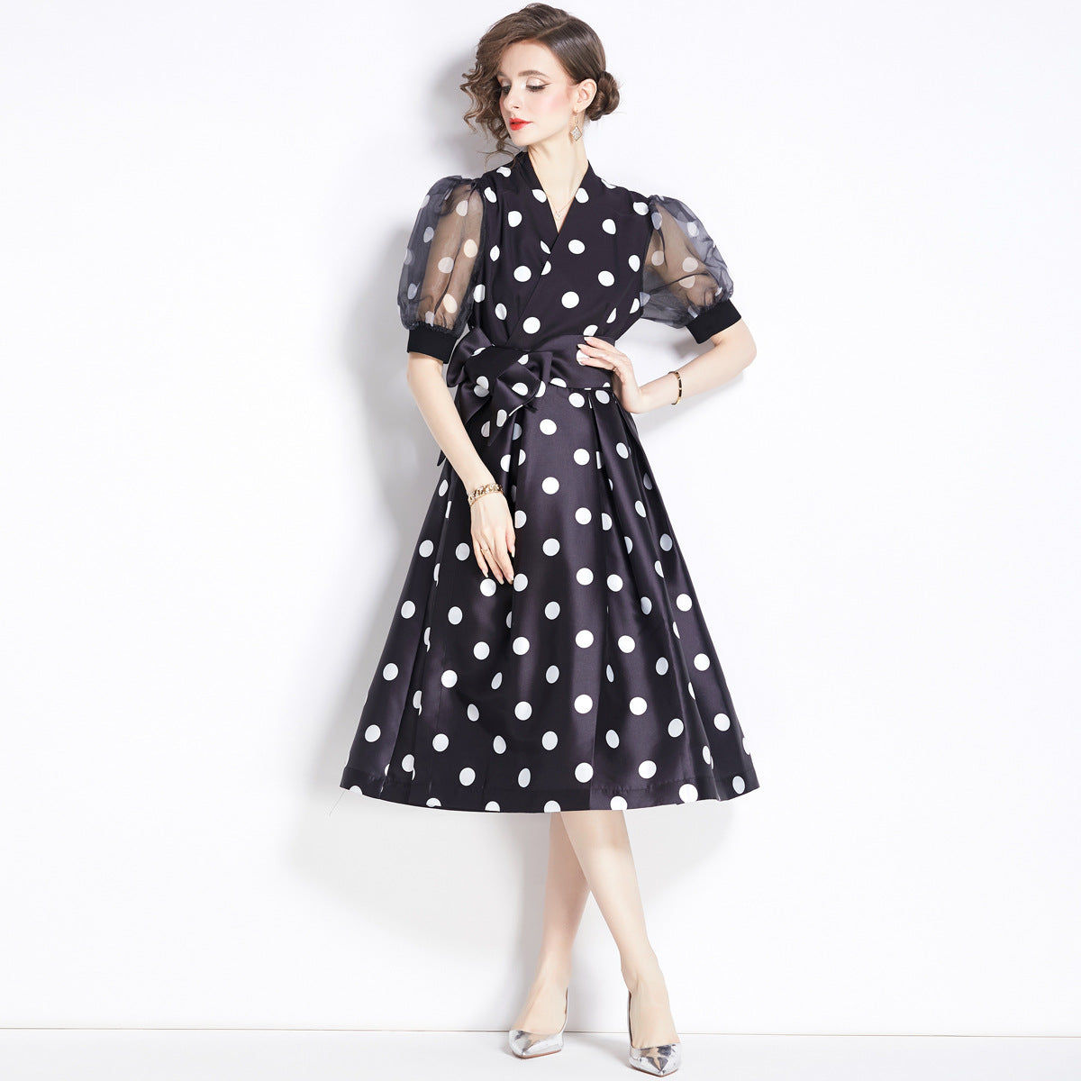 French Fitted Waist Polka Dots Dress 1-sense Long Skirt