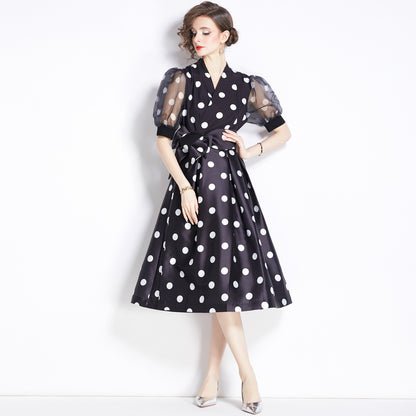 French Fitted Waist Polka Dots Dress 1-sense Long Skirt