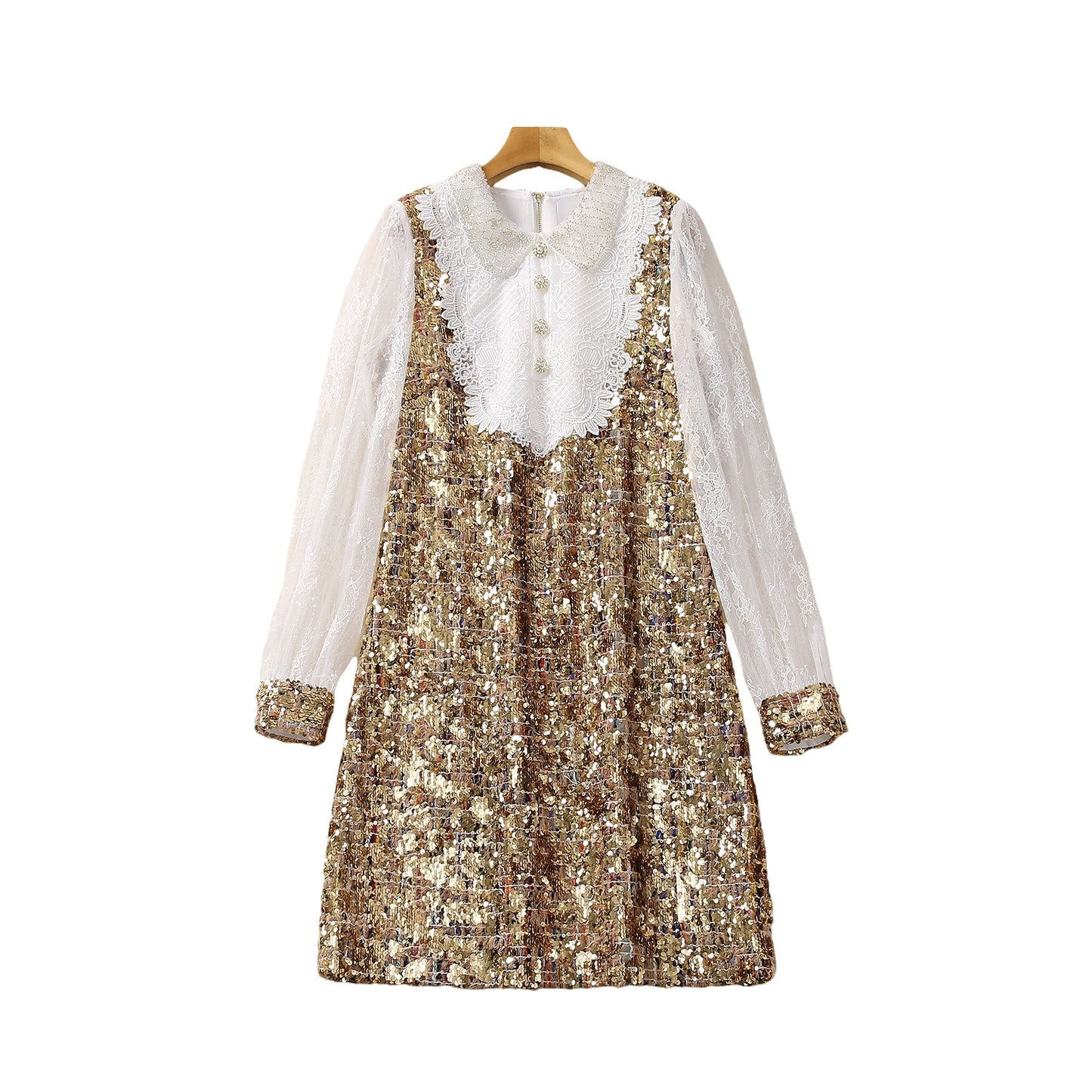 Double-layer Collar Pearl Buckle Sequin Stitching Long Sleeve Dress