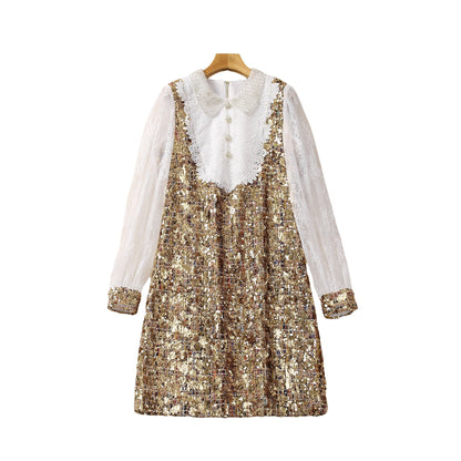 Double-layer Collar Pearl Buckle Sequin Stitching Long Sleeve Dress