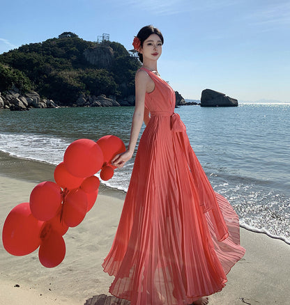 Pleated Atmosphere Big Swing Chiffon Long Dress