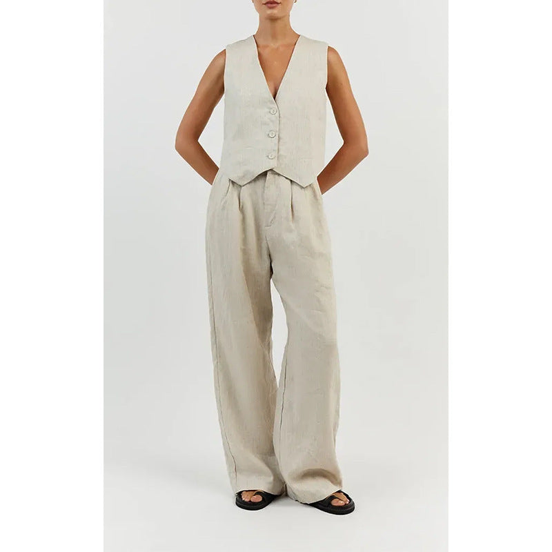 Cotton Linen Vest Wide Leg Pants Fashion Suit