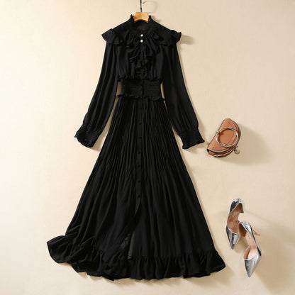 Stringy Selvedge Stand-up Collar Ruffled Elastic Waist Long Sleeve Dress