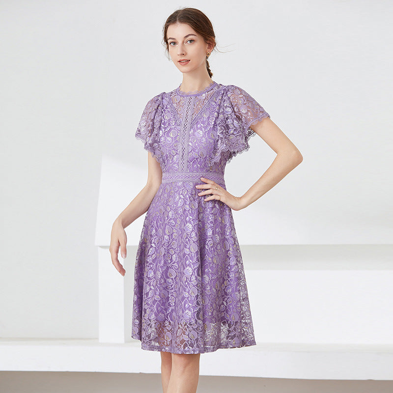 Lace Midi Dress Flying Sleeves Temperament Waist-controlled Slimming