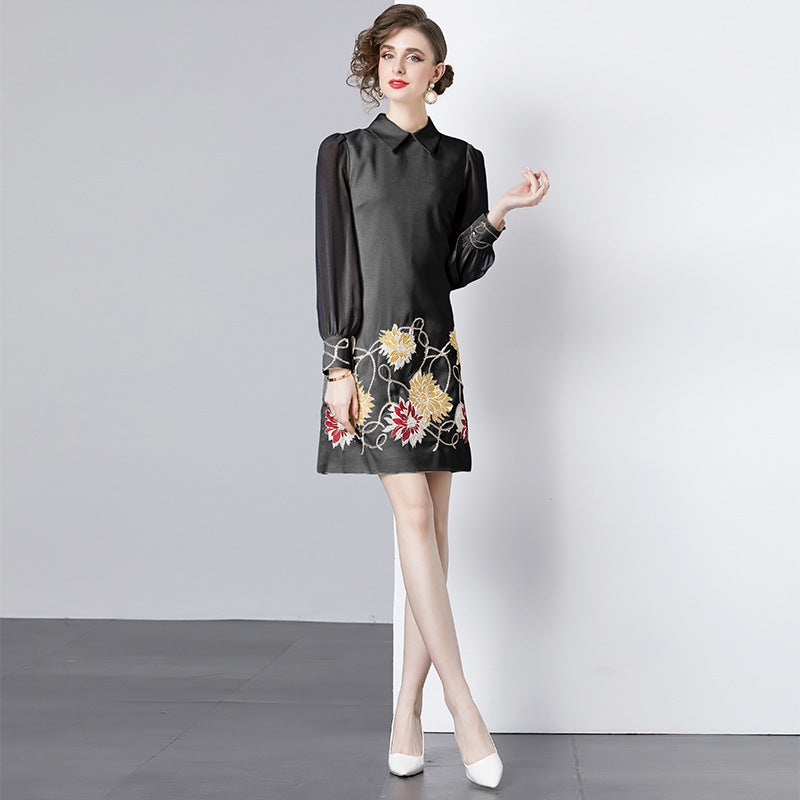 Embroidery Stitching Transparent Sleeve Dress Women