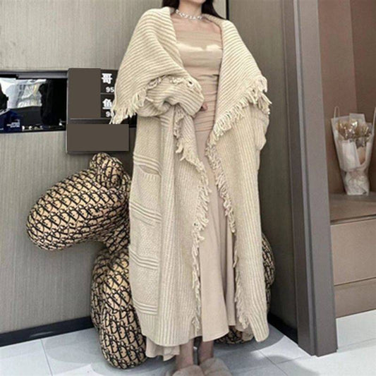 Mid-length Knitted Cardigan Women's Over-the-knee Tassel Sweater Coat