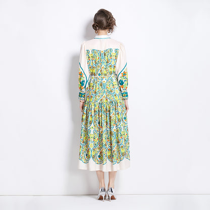 Retro Cotton And Linen Lapel Lantern Sleeve Printing Dress