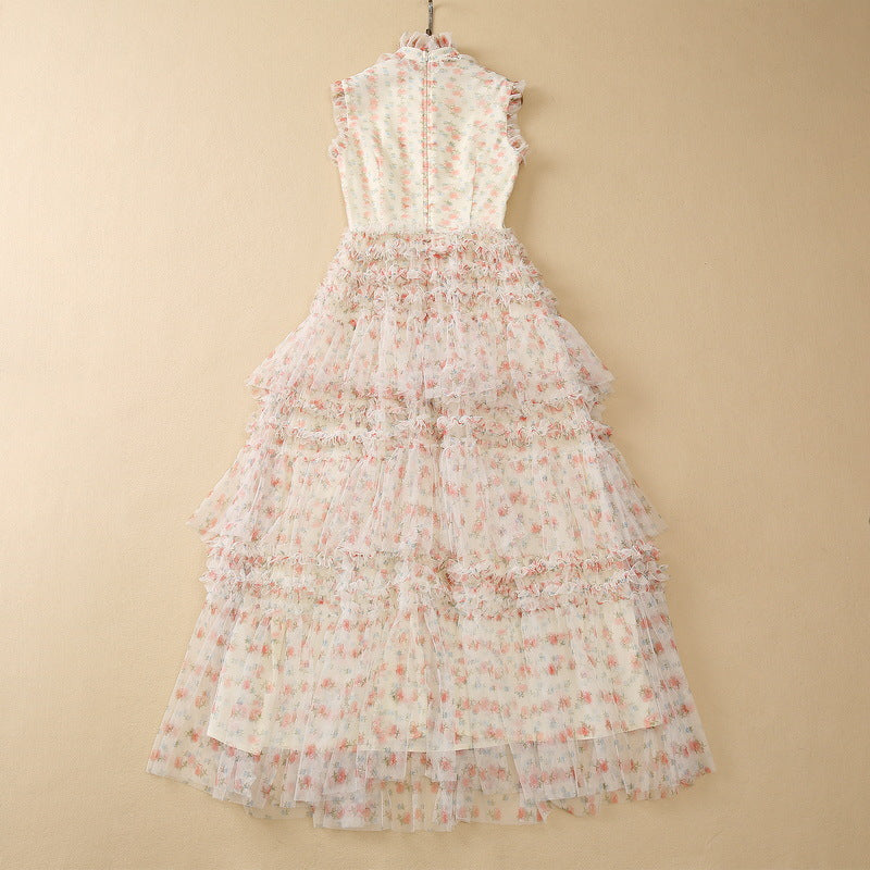 Heavy Industry Laminated Stringy Selvedge Stand Collar Mesh Floral Dress