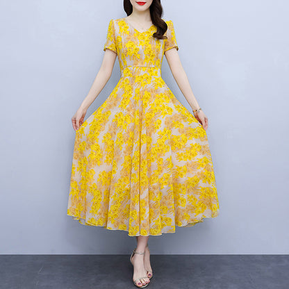 Spring And Autumn Chiffon Floral Dress Plus Size