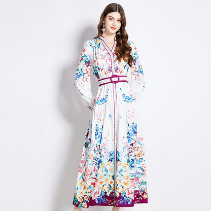 Retro Printed Breasted Slim-fit Long Dress