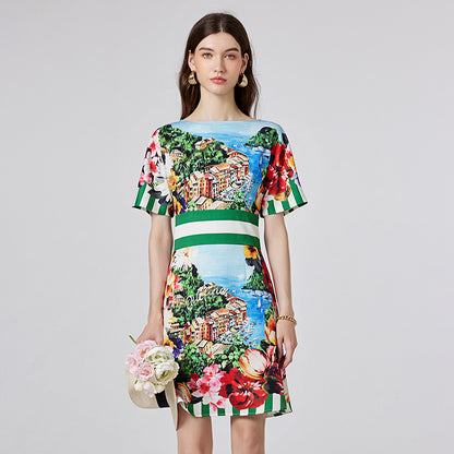 Off-neck Printed Short Sleeve Waist-controlled Dress