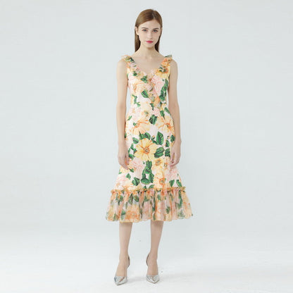 Ruffle V-neck Camellia Printed Fishtail Dress