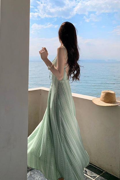 Vacation Style Light Green Printing Slip Dress