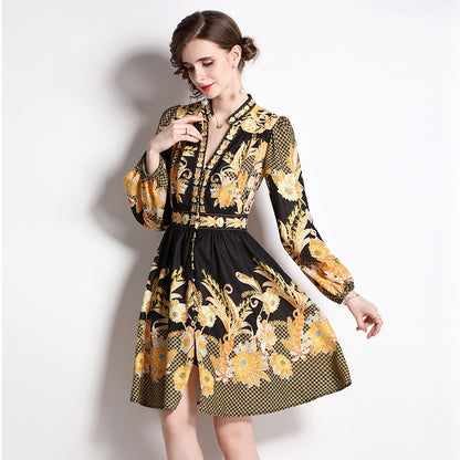 Vintage Printed Lantern Sleeve V-neck Tight Waist Dress