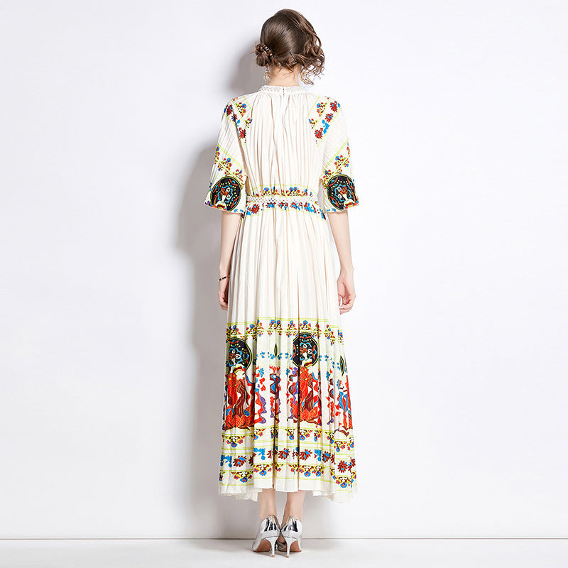 Positioning Printed Pleated Pearl Buckle Pleated Dress