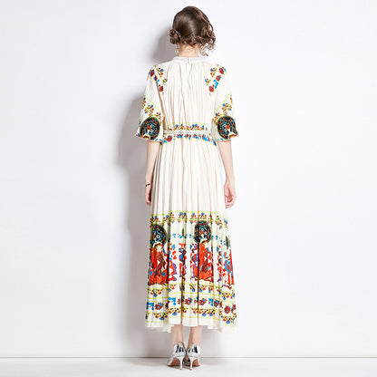 Positioning Printed Pleated Pearl Buckle Pleated Dress