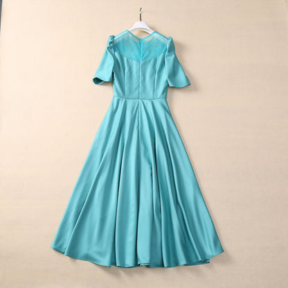 Sequined Frill Waist-tight Silk Wool Stitching Short Sleeve Dress