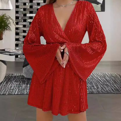 Vestido de noche de fiesta para personas mayores adelgazante con cintura de lentejuelas y cuello en V