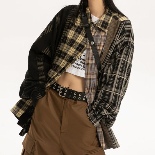 Women's Patchwork Plaid Long-sleeved Shirt Coat