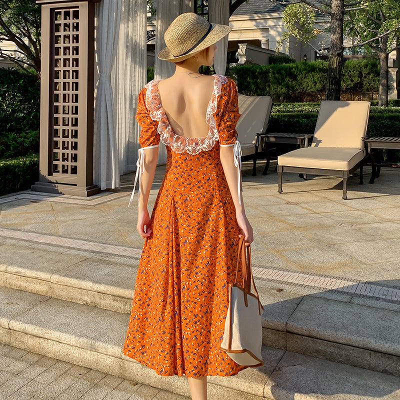 Vestido de encaje sin espalda floral francés para mujer