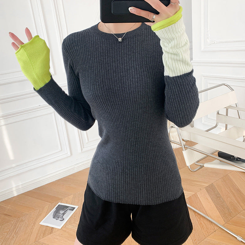 Japanese Version Asymmetric Contrasting Color Cuff Ribbing Bottoming Round Neck Slim Sweater