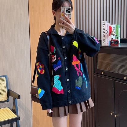 Loose Heavy Industry Design Embroidery Polo Collar Knitted Cardigan Lazy Sweater Coat For Women