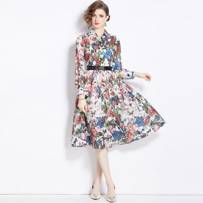 Printed Waist-controlled Long Sleeve Cotton Dress