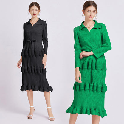 Fashion Dress Mid Waist Pleated Slim Fit Lantern Dress